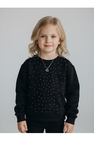 Kız Çocuk Pamuklu Taşlı Sweatshirt-16747 Siyah