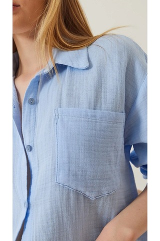 Kadın Oversize Basic Cepli Müslin Gömlek Mavi