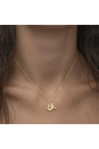 Gümüş Gold Tek Taşlı Uçak Kadın Kolye