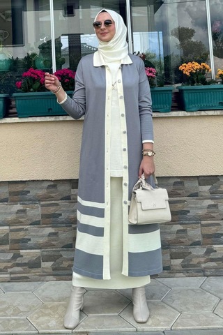 Rabia Şamlı İmge Çizgili Triko Hırka Gri Normal