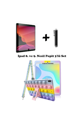 Apple Uyumlu iPad 8. Ve 9. Nesil 10.2 Inç 2020 / 2021 Kedi Kılıf Standlı Askılı Eğlenceli 3'lü Set Kılıf
