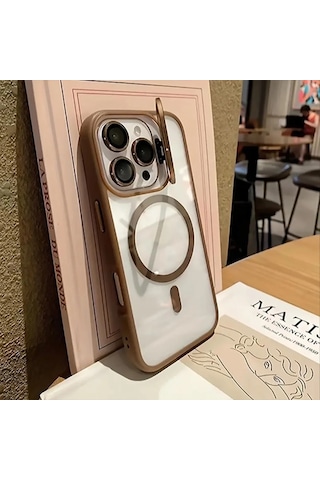 İphone 16 Pro Max Uyumlu Kılıf Klon Stantlı + Lens Korumalı Magsafe Telefon Kılıfı Bronz