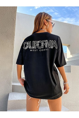 Kadın Siyah Oversiz California Baskılı Örme T-shirt Siyah-59002