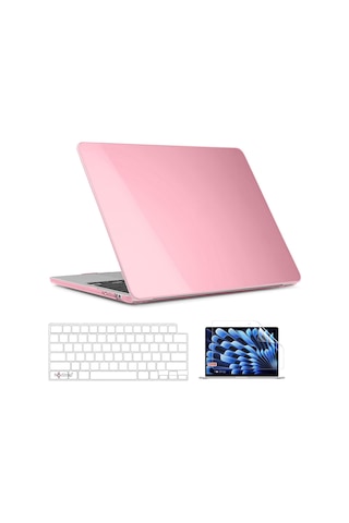 Novstrap Apple Macbook Air 15 İnç A2941 M2 Çip İle Uyumlu Parlak Kılıf + Şeffaf Klavye Kılıfı + Film Pembe