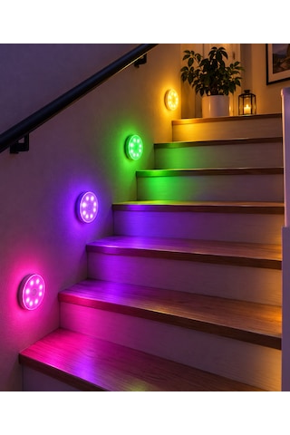 1 Adet Rgb Led Lamba Yapışkanlı Mıknatıslı Şarj Edilebilir Kumandalı Yuvarlak Renk Değiştiren Led Çok Renkli