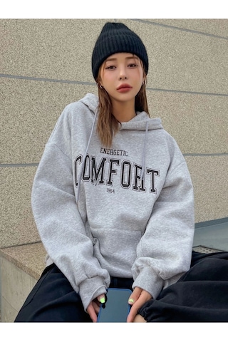 Altamira Unisex Gri Comfort Baskılı Oversize Kapşonlu Sweatshirt 001