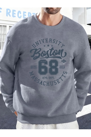 Tarzsokak Üniversite Boston Massachusetts Baskılı Erkek Tişörtü Spor Bol Giysiler Yumuşak Rahat Kazakla Gri