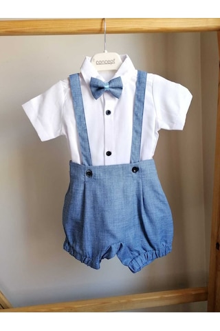Bebeksen Papyonlu 3'lü Siyah Klasik Erkek Bebek Salopet Takım Özel Gün Kıyafeti Düğün Bebek Hediyesi Mavi