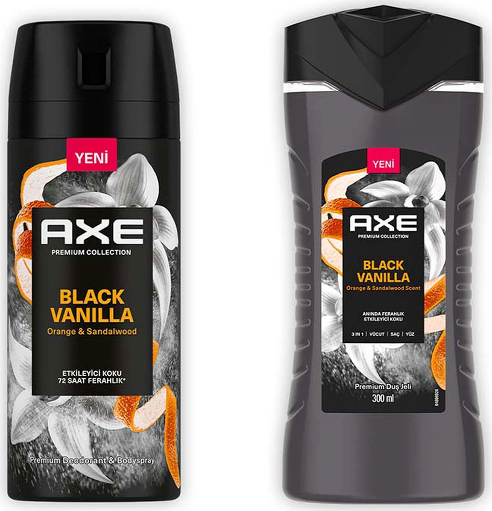 Axe Duş Jeli Black Vanilla 3in1 Vücut Saç Yüz 300 Ml + Erkek Sprey Deodorant Black Vanilla 150 Ml