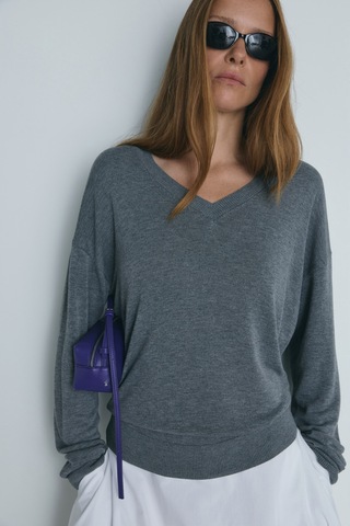 Suud Collection Gri V Yaka İnce Triko Kazak