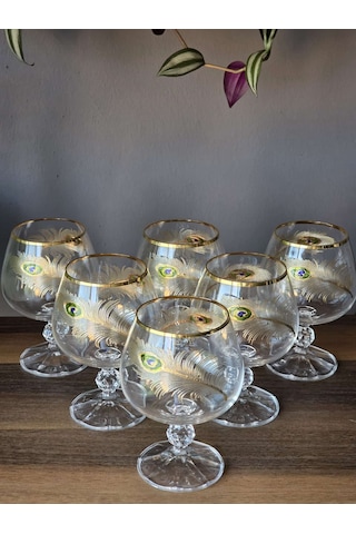 Fermato 6 'lı 24k El İşçiliği - Gerçek Altın İşlemeli 250 Cc'lik Kahve Yanı Kristal Bardak Peacock Gold Çok Renkli