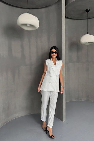 Modasize Jakar Kumaş Yelek - Pantolon Takım - Beyaz Beyaz