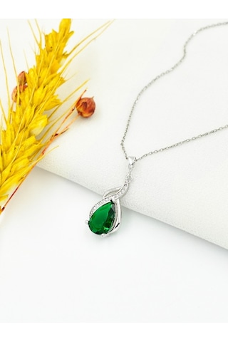 Brezza Lusso Jewelry Pırlanta Model Zümrüt Yeşili Zirkon Taşlı Gümüş Kolye 45 CM