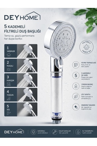 Filtreli Duş Başlığı, 5 Kademeli Su Akışlı, Yüksek Basınçlı, Kireç Önleyici, Beyaz-krom, El Duşu 5 Kademeli Filtreli Duş Başlığı