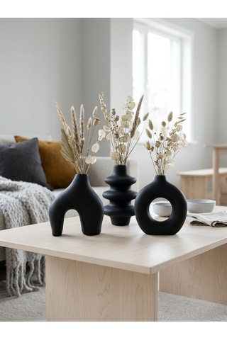 Kaveld Trio Forma El Yapımı 3'lü Dekoratif Vazo Seti, Kemer + Yığma Halka + Donut Form Mermer Tozu & Beton Minimalist Kuru Çiçek Vazosu Siyah