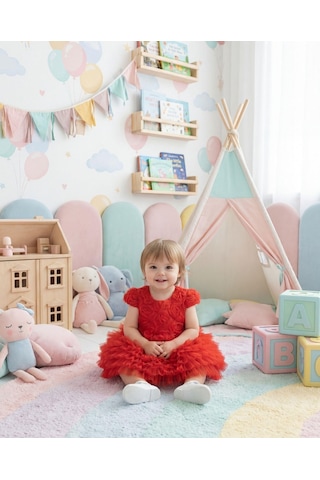 Jolin Kids Kız Bebek Gül Detaylı Kat Kat Tül Abiye Elbise Kırmızı 9-36 Ay Kırmızı