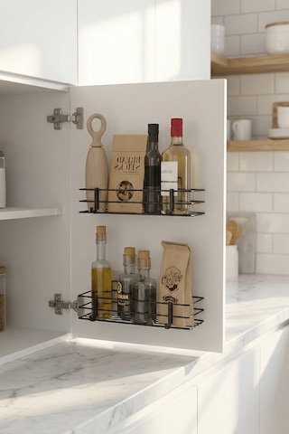 2'li Siyah Dolap Kapağı Yapışkanlı Raf Seti Mutfak & Banyo Düzenleyici Metal Organizer Siyah