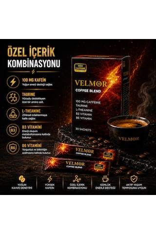 Velmor Coffee Blend Yüksek Kafeinli Kahve Karışımı Taurine, L-theanine Ve Vitamin Destekli 30 Sachet Granül