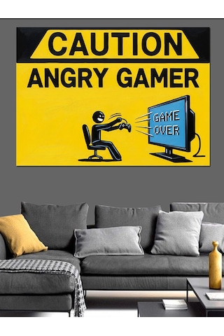 Sinirli Oyuncu Gamer Uyarı Levhası Dekoratif Kanvas - Mdf Ahşap Tablo