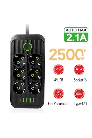 6 Lı Priz 6 Soket 220v 4usb 5v2.1a 1 Pd 2.1a Şarj Çoklu Priz
