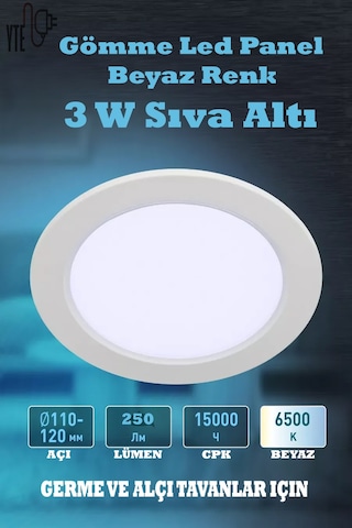3 W Beyaz Sıva Altı Yuvarlak Led Panel 6500 K Yüksek Kalite Beyaz - Beyaz
