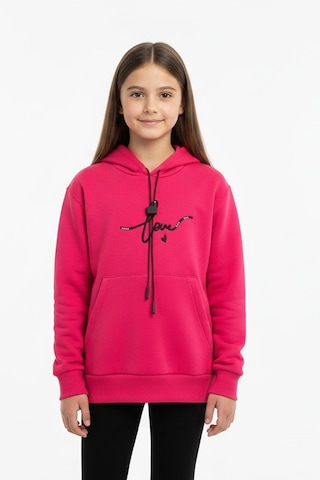 Kapşonlu Love Baskılı Kanguru Cepli Kız Çocuk Sweatshirt-90857 Fuşya