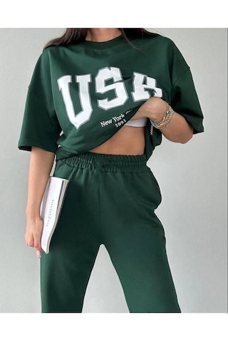 Usa T-shirt Eşofman Altı Jogger- Yeşil Baskılı Alt Üst Eşofman Takım Oversize Bisiklet Yaka Yeşil