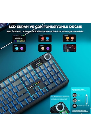 Aula F108 Pro Ekranlı Mekanik Klavye Zephyr Switch Rgb Hot Swap 8000mah Makrolu Oyuncu Klavyesi Gri