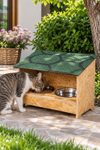Reyo Narım Doğal Ahşap Kedi Mama İstasyonu, 2'li Mama Ve Su Kabı, Su Geçirmez Membranlı