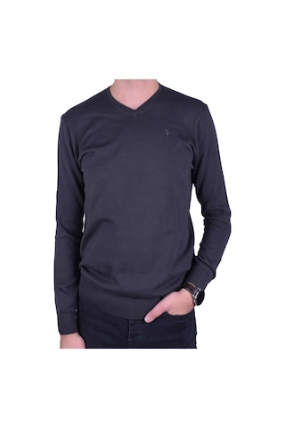 Erkek V Yaka Triko Kazak Füme Regular Fit Pamuklu, Ot-Kzk-20005 Füme