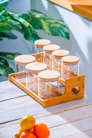 Acar Malibu Bambu Standlı 7 Li Borosilikat Cam Baharatlık Seti Şeffaf