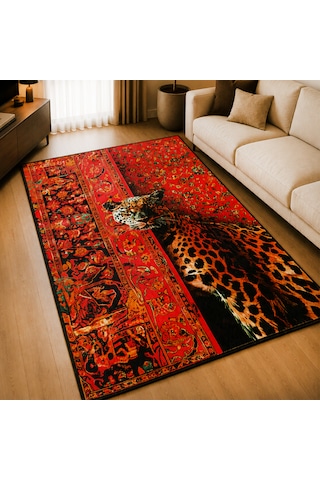 Leopar Desenli Halı Duvar Halısı 120 Cm X 180 Cm 5901 Kırımızı