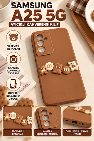 Samsung Uyumlu Galaxy A25 5g Kahverengi Ayıcık Desenli 3d Sevimli Silikon Telefon Kılıfı