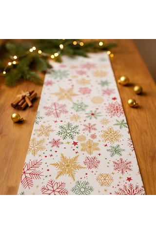 Yılbaşı Temalı Masa Runner I Krem Zeminli, Renkli Kar Tanesi Desenli 40x140 Cm Bej - Krem