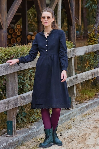 Hakim Yaka Beli Lastikli Dantelli Kışlık Elbise Siyah