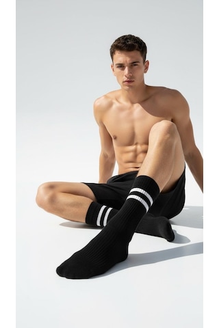 Erkek Spor Çorap 2 Lü Set Pamuklu, Esnek, Çizgili Model Siyah Gri Gri - Siyah