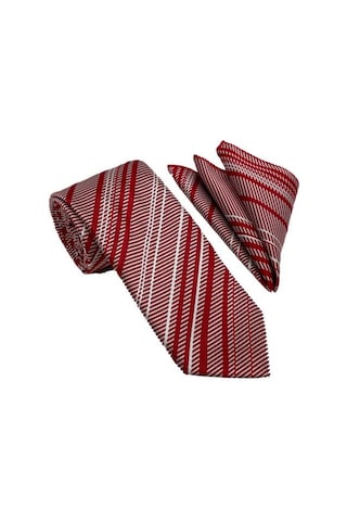 Brianze Kırmızı Beyaz Çizgili Kravat Mendil Set Kırmızı - Beyaz
