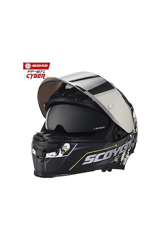 Gri Camlı + Scoyco Ff-871 Cyber Güneş Vizörlü Kapalı Kask Gri - Mat Siyah