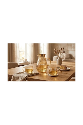 Modern Borosilikat Dilimli 1800 Ml Cam Sürahi Ve 300ml 2li Bardak Çay, Meyve Detoksu Ve Soğuk İçe Şeffaf