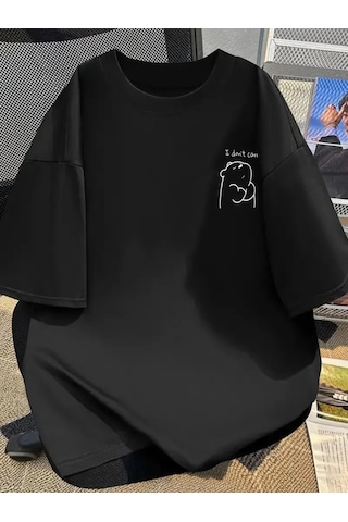 Modi Baskılı Oversize Bisiklet Yaka T-shirt - Siyah - Mymg159021