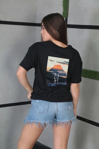 Kadın Bisiklet Yaka Baskılı Kısa Kol Oversize T-shirt - Siyah Çok Renkli