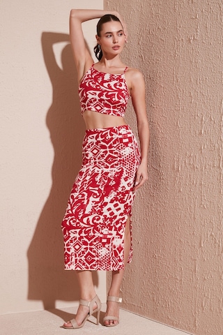 Lela Slim Fit Ip Askılı Yırtmaçlı Midi Alt-Üst Bayan Takım 5865726 Bordo