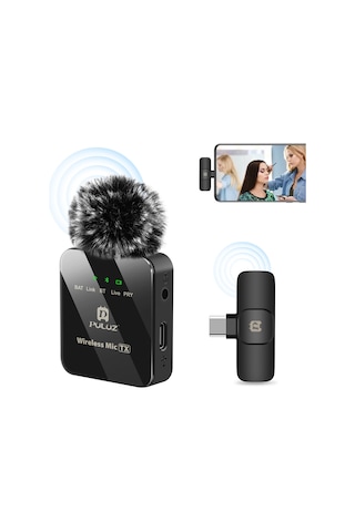 Type-c Telefon İçin Puluz Kablosuz Yaka Mikrofon Type-c Alıcı Siyah Type-C 1 TX + 1 RX