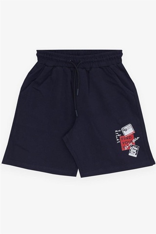 Breeze Girls & Boys Erkek Çocuk Şort Yazı Baskılı Bağcıklı Cepli Beli Lastikli 8-14 Yaş, Lacivert