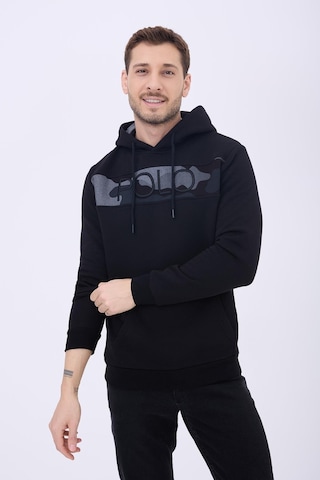Erkek 3 İplik Pamuklu İçi Polarlı Regular Fit Nakışlı Kapüşonlu Kanguru Cepli Siyah Sweatshirt Siyah