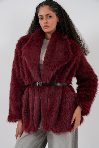 Bigdart Kadın Kemerli Oversize Kürklü Kaban 9156 - Bordo