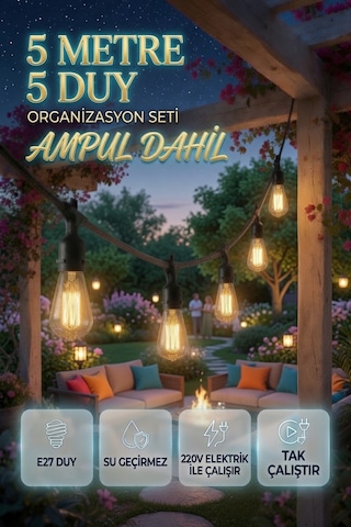 5 Metre 5 Duy Organizasyon Seti St64 4w E27 Ampul Dahil Su Geçirmez 220v Bahçe Teras Festoon Dış Mekan Işık Zinciri Siyah