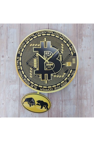 CajuArt Bitcoin Temalı Sallanan Sarkaçlı Ahşap Duvar Saati Hediye Sarı