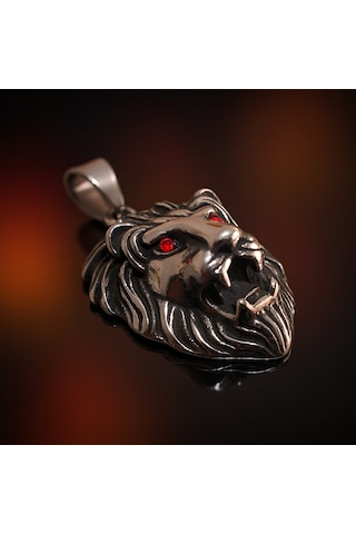 Kırmızı Zirkon Göz Detaylı, Güç Ve Cesaret Sembolü Erkek Aslan Başlı Çelik Kolye /kral Aslan Kolye Metalik Gri