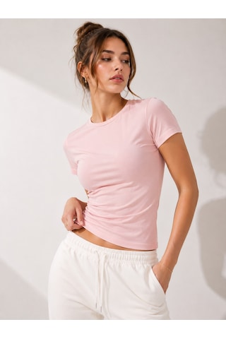 Polymood Kadın %95 Pamuk Vücuda Oturan Tam Boy Slim Fit Likralı T-shirt Açık Pembe